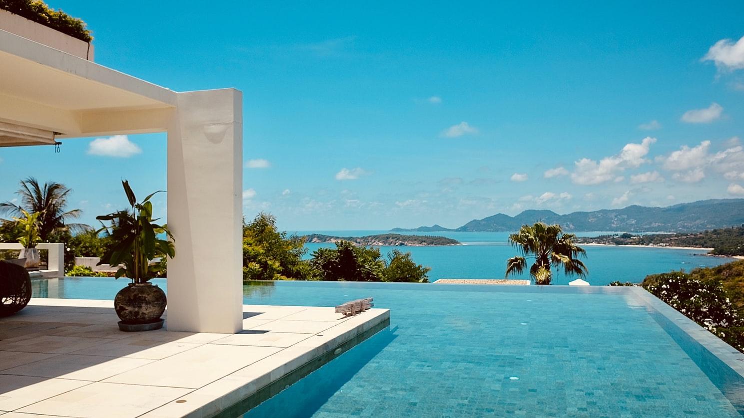 Home pool overlooking coastline