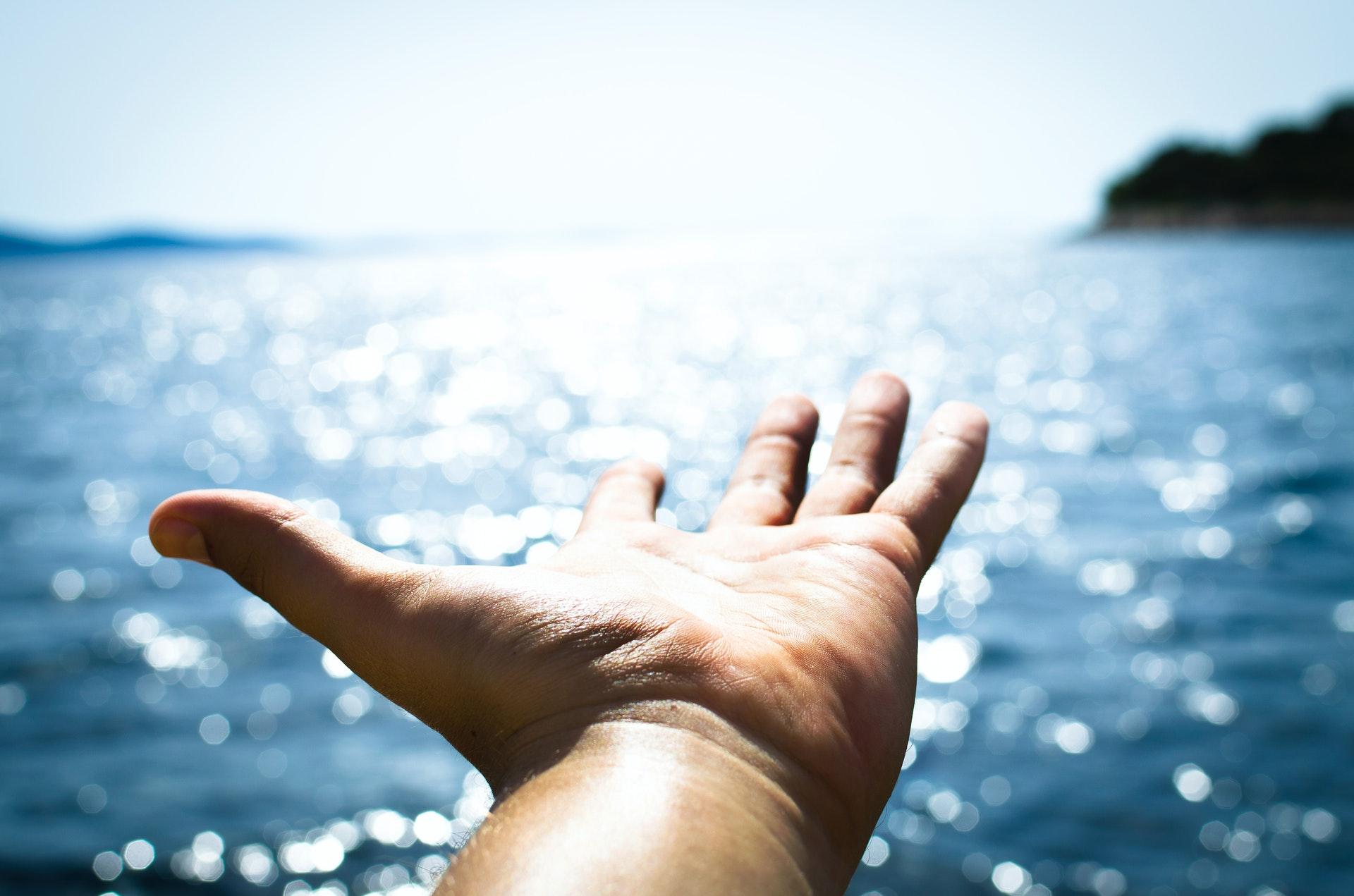 adult hand in front of ocean background